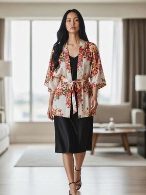 Floral Short Satin Kimono Wrap in Cream and Rose Without Tie Misses Size M/L